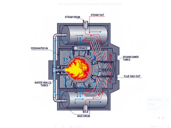 Sơ đồ mặt cắt chi tiết minh họa cấu trúc bên trong của một lò hơi ống nước công nghiệp cỡ lớn