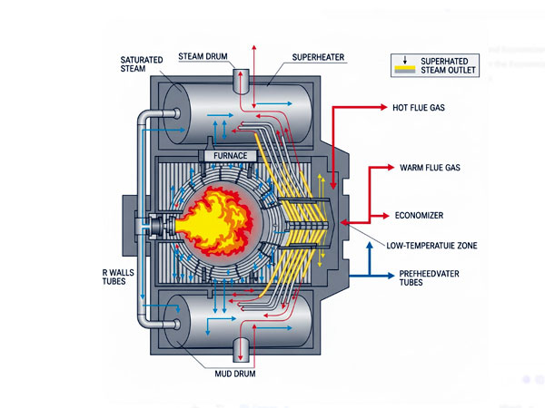 Minh họa vị trí đặt bộ siêu nhiệt và bộ tiết kiệm (Economizer) chiến lược trên đường dẫn khí thải nóng