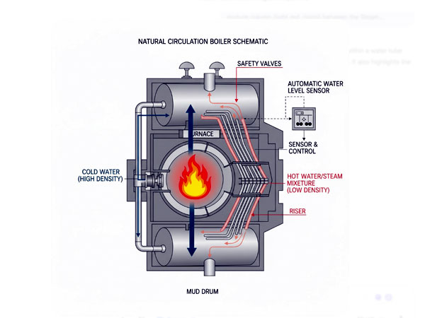 Sơ đồ minh họa nguyên lý tuần hoàn tự nhiên bên trong nồi hơi ống nước
