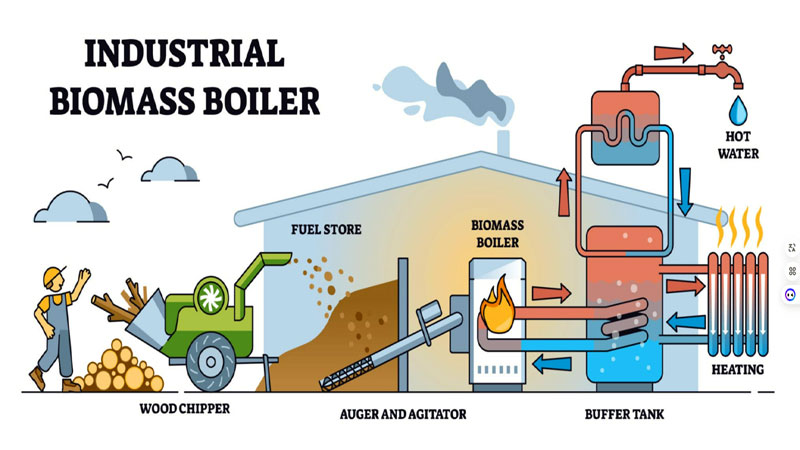 Ảnh minh họa: Cấu trúc lò hơi hiện đại với hệ thống thu hồi nhiệt (Economizer và Air Preheater) được tích hợp để tận dụng tối đa năng lượng, giảm thiểu thất thoát qua khói thải.